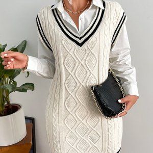 White Preppy Womens Striped Trim Cable Knit Sweater Dress